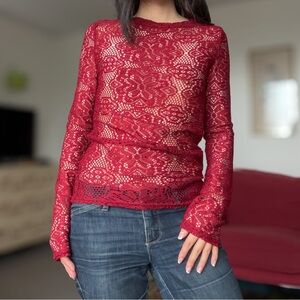 Sheer Red Floral Lace Long-Sleeve Top